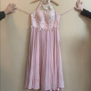 Rosegold Prom dress halter top with lace and satin